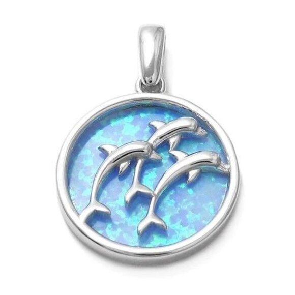 PRETTY STERLING SILVER TRIPLE DOLPHIN PENDANT WITH CREATED BLUE OPAL. - Picture 1 of 2